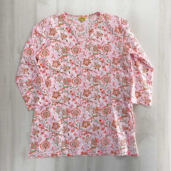 ROBERTA ROLLER RABBIT block print floral tunic top vacation travel swim M - Picture 1 of 7